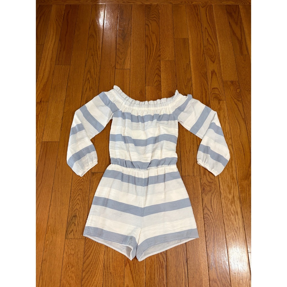 Sugar + Lips Blue White Striped Off-The-Shoulder Long Sleeve‎ Romper size XS